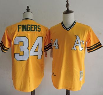 Mitchell And Ness Athletics #34 Rollie Fingers Yellow Throwback Stitched MLB Jersey  MLB Jersey MEN WOMEN YOUTH S-6XL SIZE