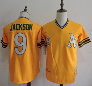 Mitchell and Ness Oakland Athletics #9 Reggie Jackson Replica Gold Throwback MLB Jersey MEN WOMEN YOUTH S-6XL SIZE