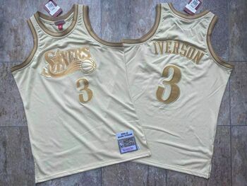 Mitchell&Ness hiladelphia 76ers #3 Allen Iverson 2000-2001 all gold word dense embroidery retro basketball jersey MEN WOMEN YOUTH S-6XL SIZE