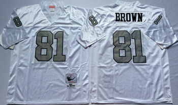 Oakland Raiders White #81 BROWN Mitchell & Ness Football Jersey Retro men women youth size S-6XL