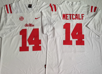 Ole Miss Rebels White 14 METCALF Football Jersey MEN WOMEN YOUTH S-6XL SIZE