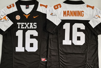 Texas Longhorns Black+White #16 MANNING Football Jersey MEN WOMEN YOUTH S-6XL SIZE