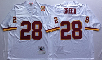 Washington Redskins White #28 GREEN Mitchell & Ness Football Jersey Retro men women youth size S-6XL