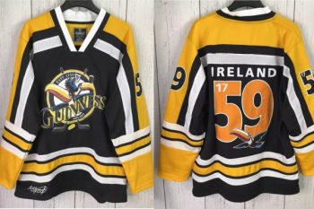GUINNESS Beer Hockey Jersey Black Yellow Sewn On Ireland Toucan Est 1759