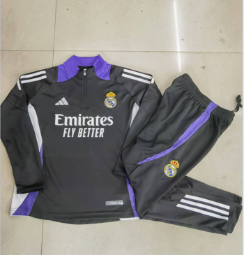 2024-25 Half zip Real Madrid Black (purple collar) -Real Madrid Soccer training uniform  youth size S-3XL