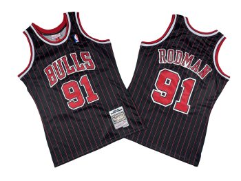 Bulls No. 91 Black Red Stripe 95-96 Mitchell throwback jersey - Dennis. Rodman