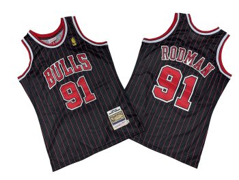 Bulls No. 91 Black and Red Stripes 96-97 Mitchell throwback jersey - Dennis. Rodman