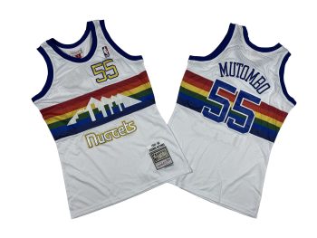 Nuggets No. 55 White Rainbow 91-92 Mitchell throwback jersey - Dekembe. Dikembe Mutombo