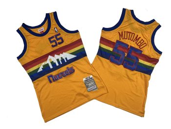 Nuggets No. 55 Yellow Rainbow 91-92 Mitchell throwback jersey - Dekembe. Dikembe Mutombo