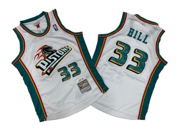 Pistons No. 33 white 98-9 Mitchell throwback jersey - Trant. Hill