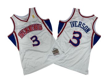 Sixers No. 3 white 96-97 Mitchell throwback hole jersey - Allen Iverson