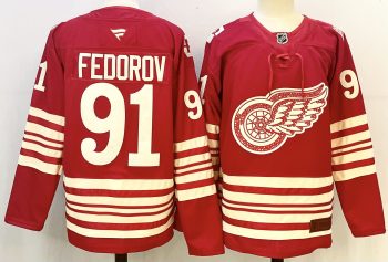 Detroit Red Wings #91 Fedorov Red stitched hockey jersey