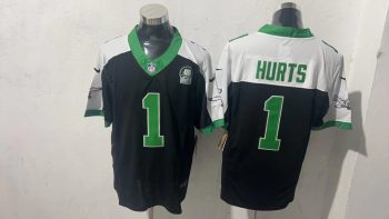 Philadelphia Eagles #1 Jalen Hurts Black & Kelly Green Throwback Stitched Jersey