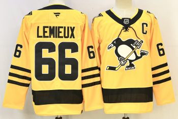 Pittsburgh Penguins #66 Lemieux Yellow stitched hockey jersey