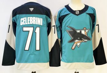 San Jose Sharks #71 Celebrini Teal & Gray stitched hockey jersey