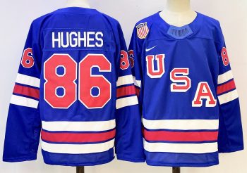 USA #86 Hughes Blue stitched hockey jersey