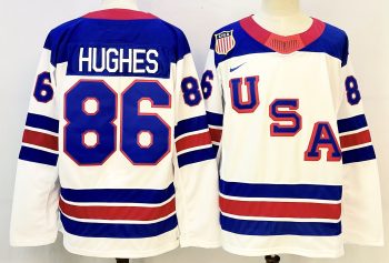 USA #86 Hughes White stitched hockey jersey