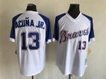 Vintage Atlanta Braves #13 Ronald Acuña Jr. Stitched White Royal Blue Raglan Baseball Jersey Throwback Edition