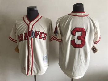 Vintage Atlanta Braves #3 Stitched Cream Baseball Jersey Throwback Edition