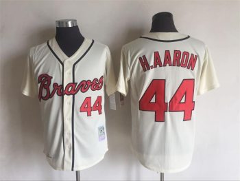 Vintage Atlanta Braves #44 Hank Aaron Stitched Cream Baseball Jersey Throwback Edition