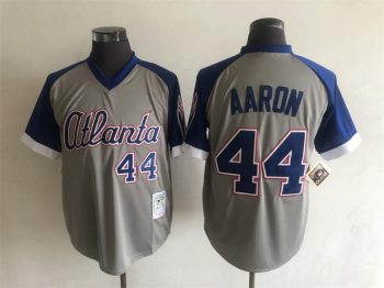 Vintage Atlanta Braves #44 Hank Aaron Stitched Gray Royal Blue Raglan Baseball Jersey Throwback Edition