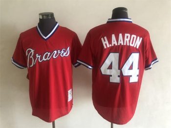 Vintage Atlanta Braves #44 Hank Aaron Stitched Red Mesh Baseball Jersey Throwback Edition