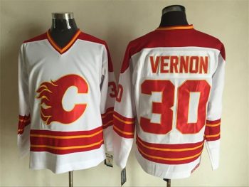 Vintage Calgary Flames #30 VERNON Stitched White Hockey Jersey