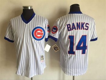 Vintage Chicago Cubs #14 Ernie Banks Stitched White Pinstripe Baseball Jersey Throwback Edition