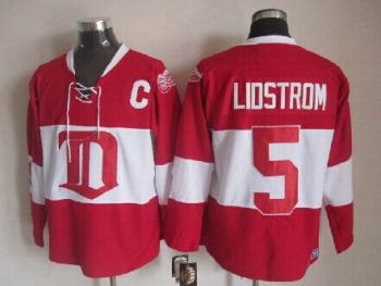 Vintage Detroit Red Wings #5 LIDSTROM Stitched Red-White Hockey Jersey
