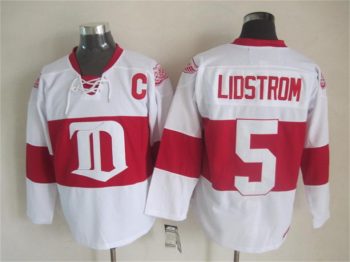 Vintage Detroit Red Wings #5 LIDSTROM Stitched White-Red Hockey Jersey Throwback Edition (2)