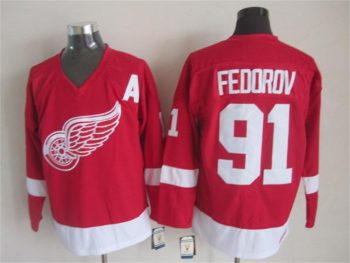 Vintage Detroit Red Wings #91 FEDOROV Stitched Red Hockey Jersey
