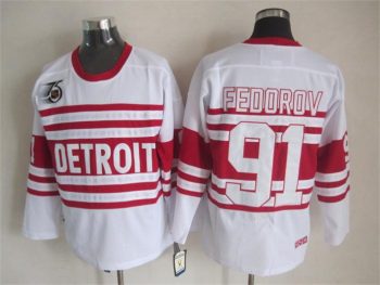 Vintage Detroit Red Wings #91 FEDOROV Stitched White-Red Hockey Jersey