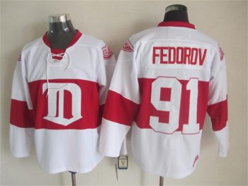 Vintage Detroit Red Wings #91 FEDOROV Stitched White-Red Hockey Jersey Throwback Edition (2)