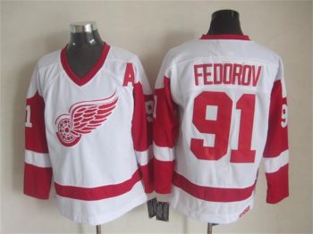 Vintage Detroit Red Wings #91 FEDOROV Stitched White-Red Hockey Jersey Throwback Edition