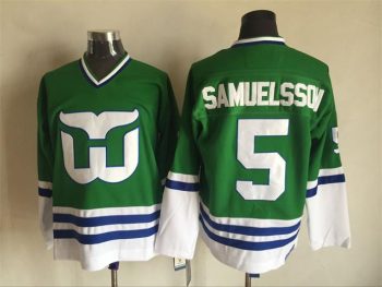 Vintage Hartford Whalers #5 SAMUELSSSON Stitched Green-White-Blue Hockey Jersey Throwback Edition