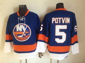 Vintage New York Islanders #5 POTVIN Stitched Blue-Orange-White Hockey Jersey Throwback Edition (2)