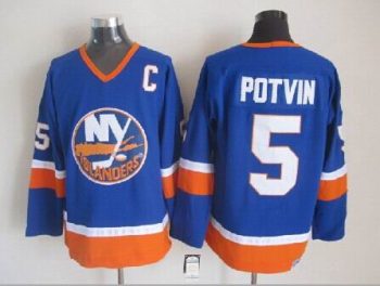 Vintage New York Islanders #5 POTVIN Stitched Blue-Orange-White Hockey Jersey Throwback Edition