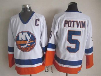 Vintage New York Islanders #5 POTVIN Stitched White-Blue-Orange Hockey Jersey Throwback Edition