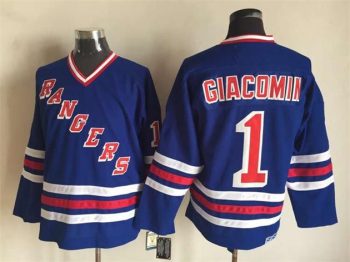 Vintage New York Rangers #1 GIACOMIN Stitched Blue-Red-White Hockey Jersey Throwback Edition