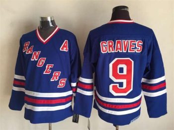 Vintage New York Rangers #9 GRAVES Stitched Blue-Red-White Hockey Jersey Throwback Edition
