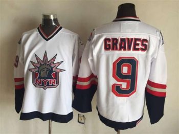 Vintage New York Rangers #9 GRAVES Stitched White-Navy Blue-Red Hockey Jersey Throwback Edition