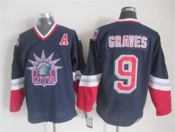 Vintage New York Rangers #9 GRAVES stitched Navy Blue-Red-White Hockey Jersey Throwback Edition