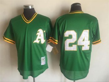 Vintage Oakland Athletics #24 Rickey Henderson Stitched Green Mesh Baseball Jersey Throwback