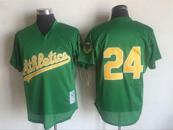 Vintage Oakland Athletics #24 Rickey Henderson Stitched Green Mesh Baseball Jersey Throwback Edition