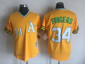 Vintage Oakland Athletics #34 Rollie Fingers Stitched Gold Baseball Jersey Throwback Edition