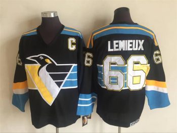 Vintage Pittsburgh Penguins #66 LEMIEUX stitched Black-Blue-Yellow-White Hockey Jersey Throwback Edition