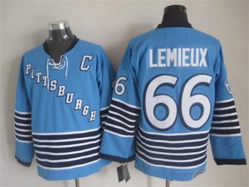 Vintage Pittsburgh Penguins #66 LEMIEUX stitched Light Blue-Navy Blue-White Hockey Jersey Throwback Edition