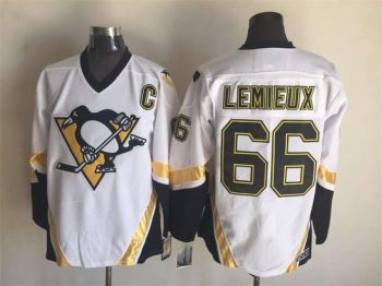 Vintage Pittsburgh Penguins #66 LEMIEUX stitched White-Black-Gold Hockey Jersey Throwback Edition