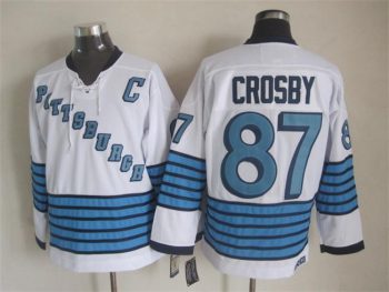 Vintage Pittsburgh Penguins #87 CROSBY stitched White-Light Blue-Navy Blue Hockey Jersey Throwback Edition