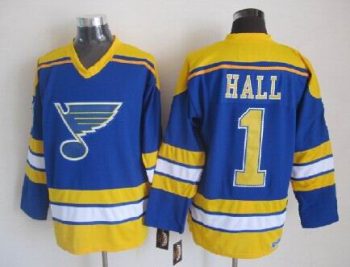 Vintage St. Louis Blues #1 HALL stitched Blue-Yellow-White Hockey Jersey Throwback Edition